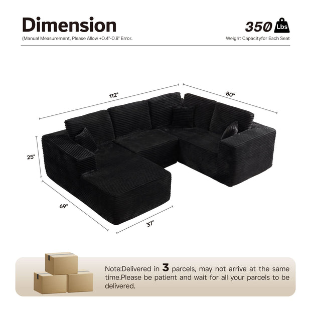 OVIOS U-Shaped Cloud Sectional Sofa with Chaise - Plush Corduroy, Memory Foam & No Assembly