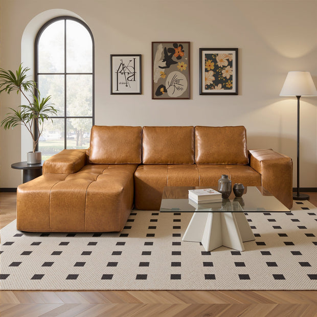 OVIOS 114" Cloud Sectional Sofa - L-Shaped Faux Leather Modular Couch with Deep Seat Chaise