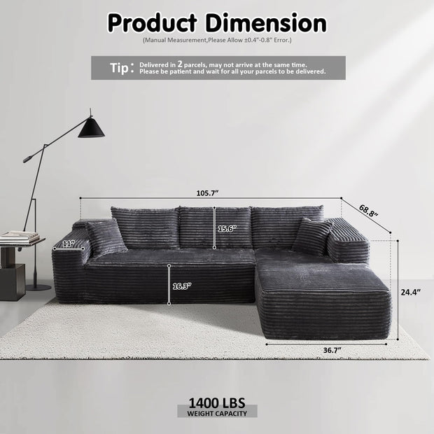 OVIOS 104" L-Shape Modular Couch with Chaise,Corduroy Fabric,No Assembly Required